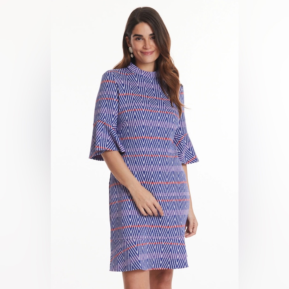 Tyler Boe Mindy Jacquard Dress Medium blue chevron bell‎ sleeve high neck A-line
